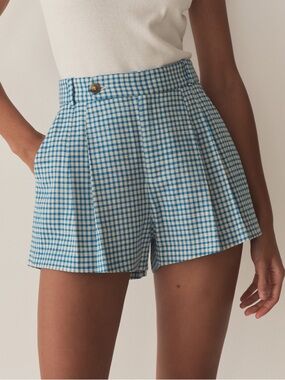 Doen Blue Gingham High-Waist Pleated Shorts